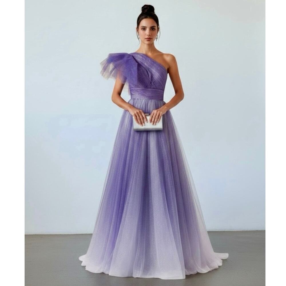 Mac Duggal Ruffled One Shoulder BallProm Gown Blue Glitter Ombre Size 10 NWT